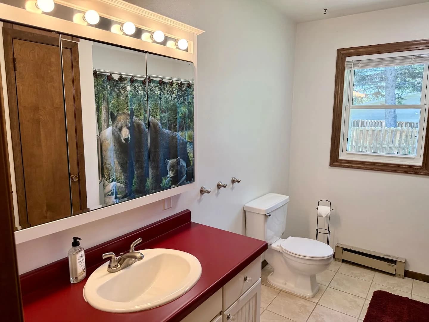 Upstairs bathroom with a red countertop, white sink, mirrored cabinet, and toilet beneath the window